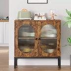Modern Rattan Buffet Cabinet with Doors  Wooden Storage Sideboard for Dining Room, Kitchen with Metal Feet