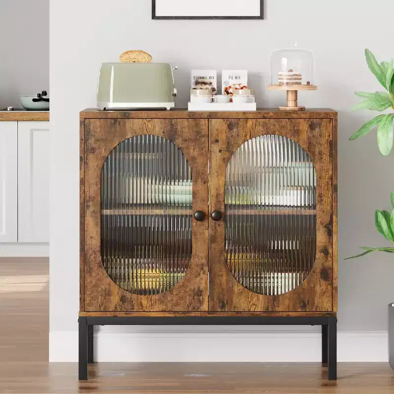 Modern Rattan Buffet Cabinet with Doors  Wooden Storage Sideboard for Dining Room, Kitchen with Metal Feet