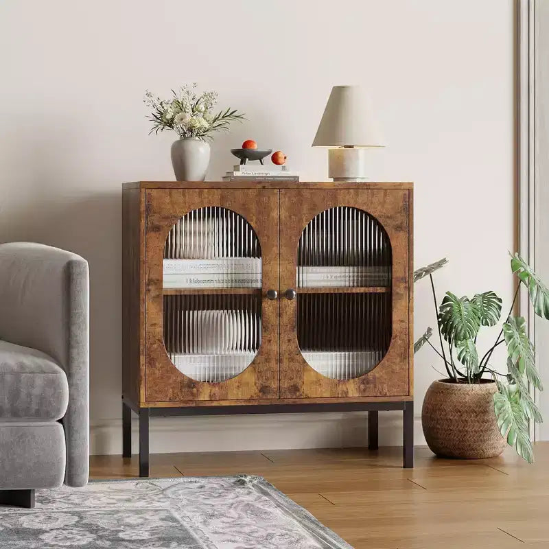 Modern Rattan Buffet Cabinet with Doors  Wooden Storage Sideboard for Dining Room, Kitchen with Metal Feet