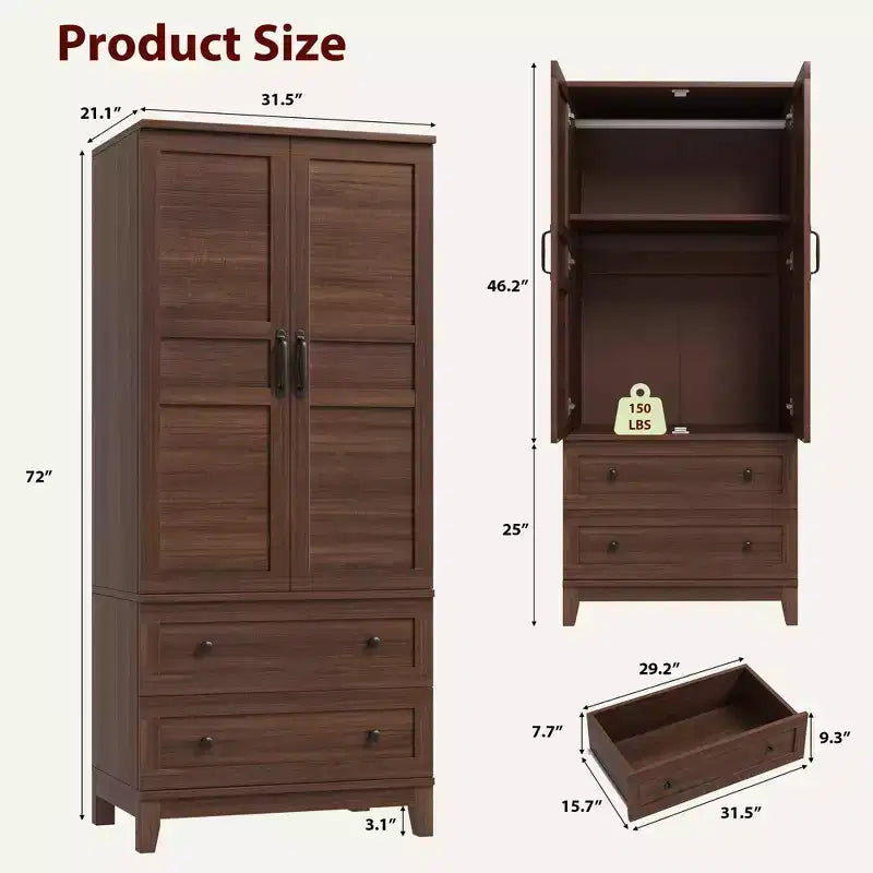 Spacious Wooden Wardrobe Closet with 2 Drawers and 18 Adjustable Shelves  Tall Bedroom Storage Cabinet with Hanging Rod and Modern Doors