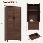 Spacious Wooden Wardrobe Closet with 2 Drawers and 18 Adjustable Shelves  Tall Bedroom Storage Cabinet with Hanging Rod and Modern Doors