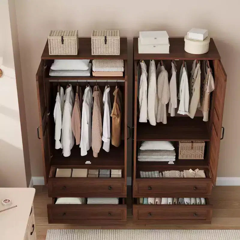 Spacious Wooden Wardrobe Closet with 2 Drawers and 18 Adjustable Shelves  Tall Bedroom Storage Cabinet with Hanging Rod and Modern Doors