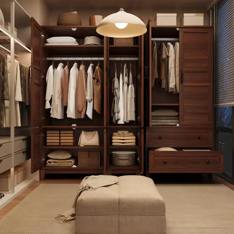 Spacious Wooden Wardrobe Closet with 2 Drawers and 18 Adjustable Shelves  Tall Bedroom Storage Cabinet with Hanging Rod and Modern Doors