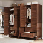 Spacious Wooden Wardrobe Closet with 2 Drawers and 18 Adjustable Shelves  Tall Bedroom Storage Cabinet with Hanging Rod and Modern Doors