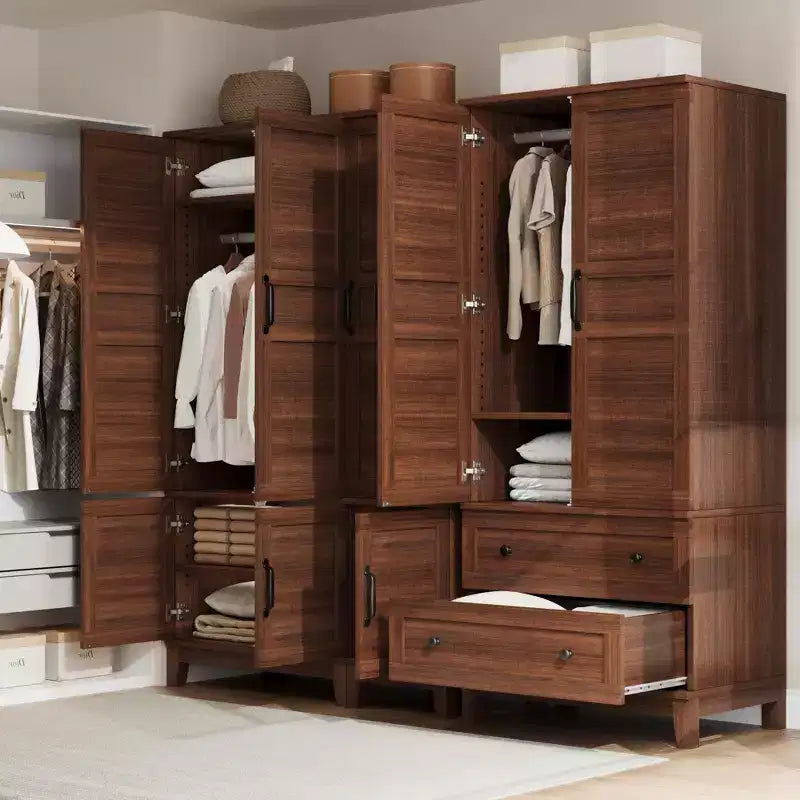 Spacious Wooden Wardrobe Closet with 2 Drawers and 18 Adjustable Shelves  Tall Bedroom Storage Cabinet with Hanging Rod and Modern Doors