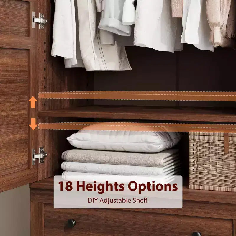 Spacious Wooden Wardrobe Closet with 2 Drawers and 18 Adjustable Shelves  Tall Bedroom Storage Cabinet with Hanging Rod and Modern Doors