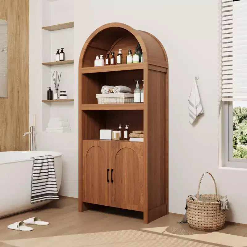 71 Tall Arched Storage Cabinet with Open Shelves & Doors, 5-Tier Modern Bookcase for Dining Room, Kitchen, or Living Room - Brown