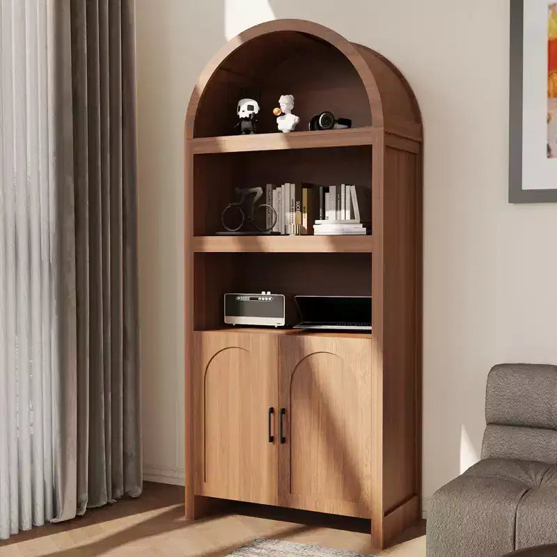 71 Tall Arched Storage Cabinet with Open Shelves & Doors, 5-Tier Modern Bookcase for Dining Room, Kitchen, or Living Room - Brown