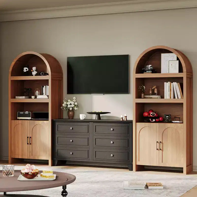 71 Tall Arched Storage Cabinet with Open Shelves & Doors, 5-Tier Modern Bookcase for Dining Room, Kitchen, or Living Room - Brown
