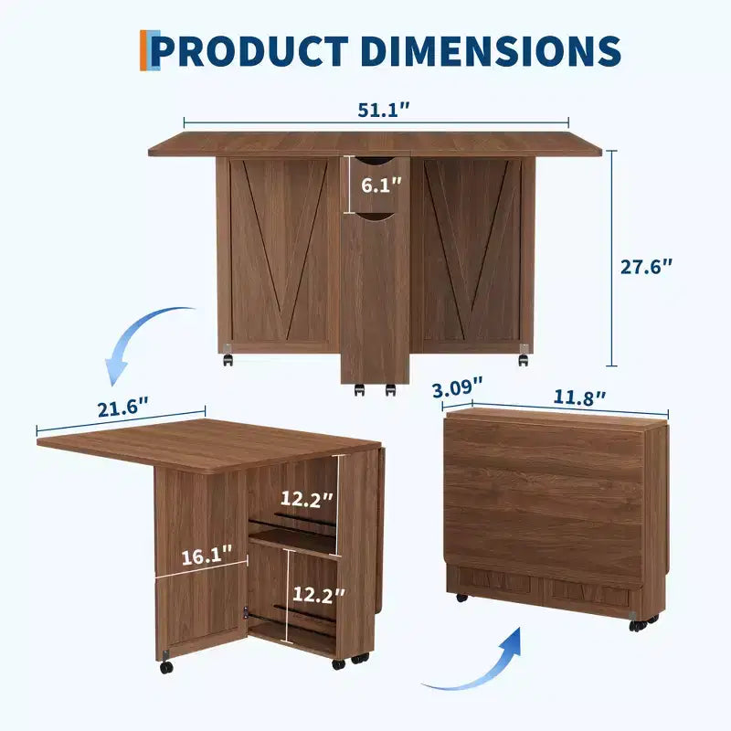 Folding Dining Table for 4,Farmhouse Kitchen Table with Drawer, 2-Layer Storage Shelf & 6 Wheels for Small Spaces