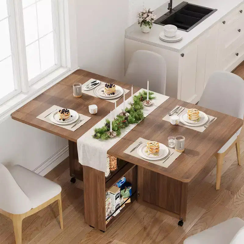 Folding Dining Table for 4,Farmhouse Kitchen Table with Drawer, 2-Layer Storage Shelf & 6 Wheels for Small Spaces