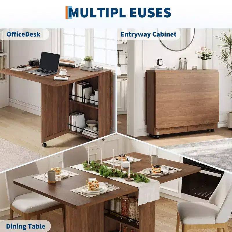 Folding Dining Table for 4,Farmhouse Kitchen Table with Drawer, 2-Layer Storage Shelf & 6 Wheels for Small Spaces
