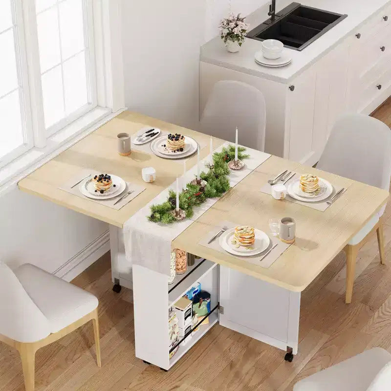 Folding Dining Table for 4,Farmhouse Kitchen Table with Drawer, 2-Layer Storage Shelf & 6 Wheels for Small Spaces