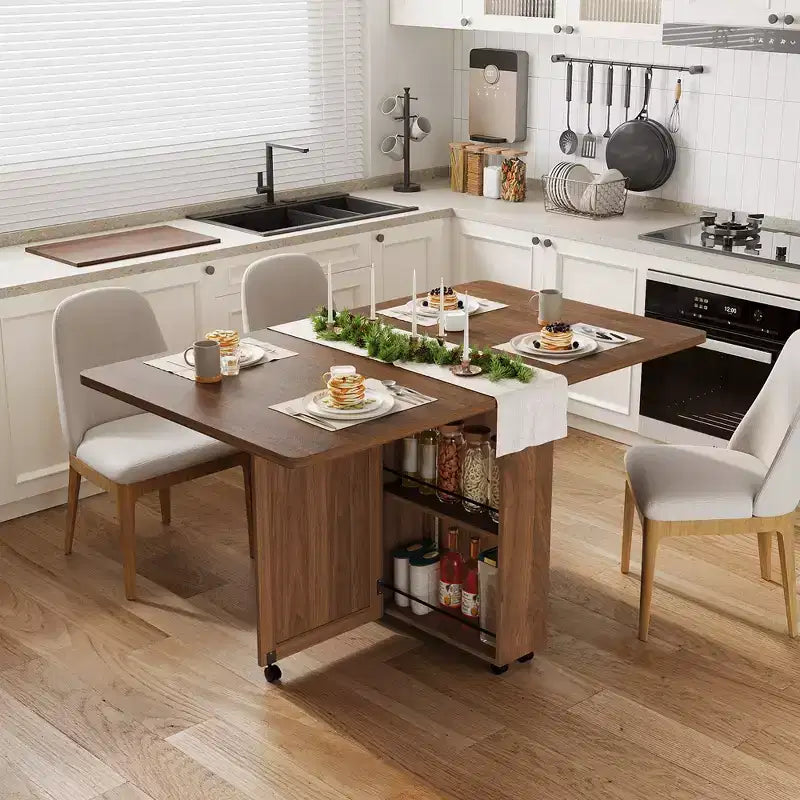Folding Dining Table for 4,Farmhouse Kitchen Table with Drawer, 2-Layer Storage Shelf & 6 Wheels for Small Spaces