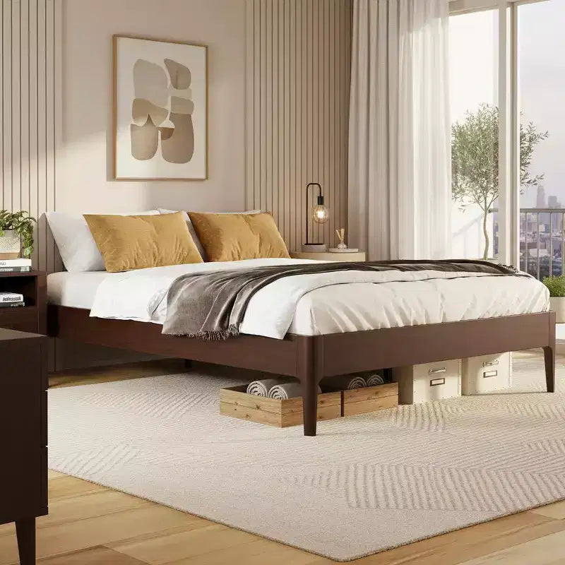 Polibi Solid Bamboo Platform Bed Frame with Metal Center Support & Underbed Storage