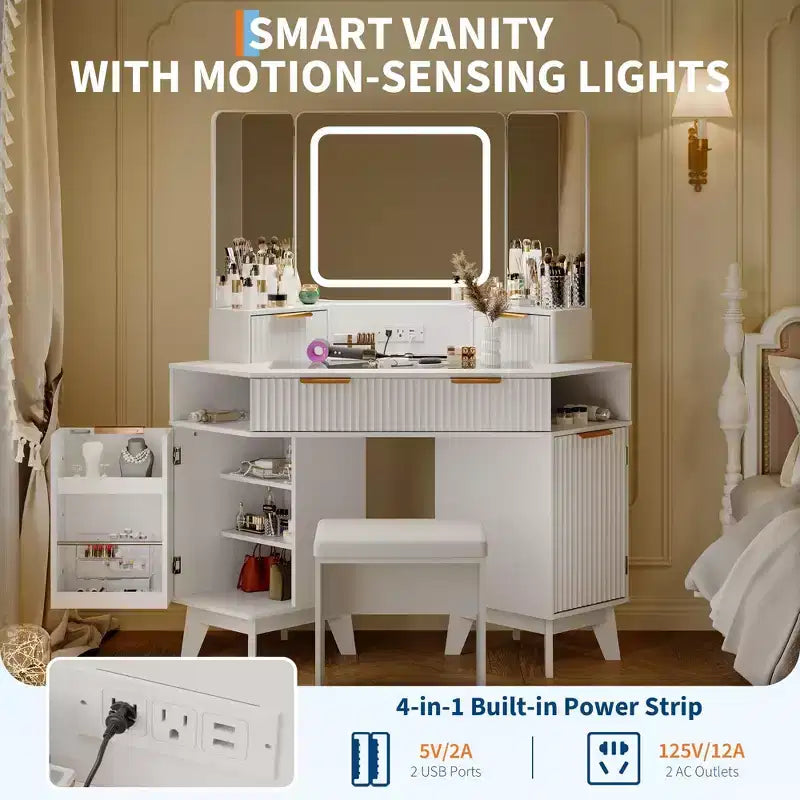 Corner Vanity Makeup Desk Natural Wood, Corner Vanity Table with Glass Top, Corners Vanity Desk with Mirror and Chair, Fluted Makeup Vanity Desk