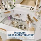Corner Vanity Makeup Desk Natural Wood, Corner Vanity Table with Glass Top, Corners Vanity Desk with Mirror and Chair, Fluted Makeup Vanity Desk