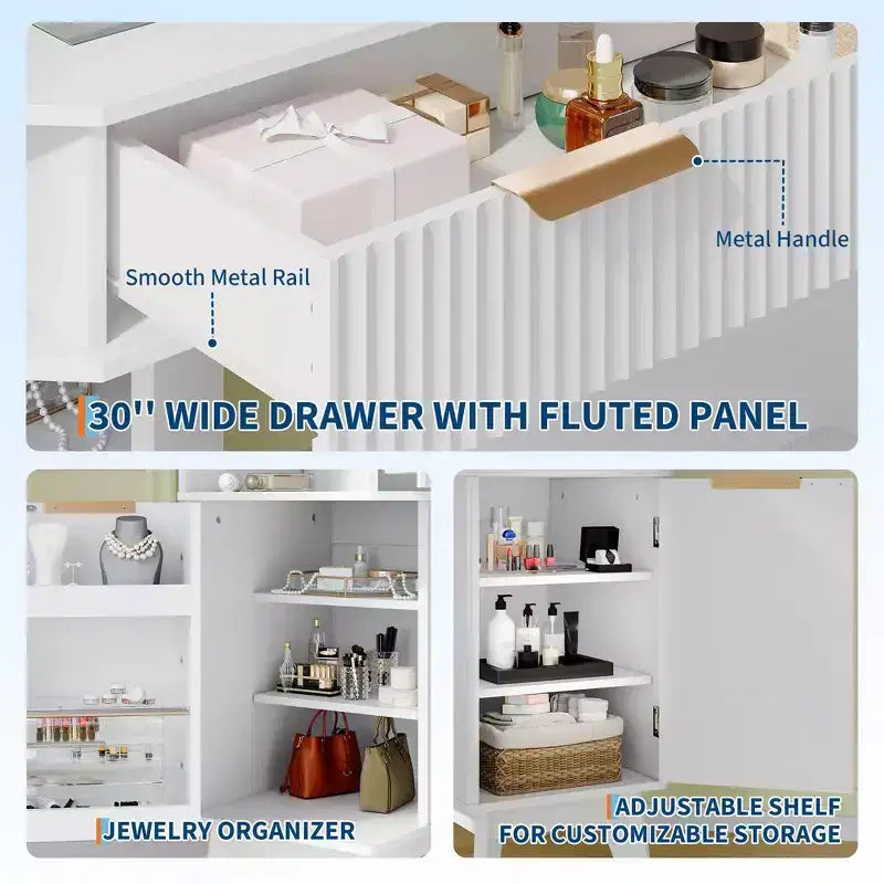 Corner Vanity Makeup Desk Natural Wood, Corner Vanity Table with Glass Top, Corners Vanity Desk with Mirror and Chair, Fluted Makeup Vanity Desk