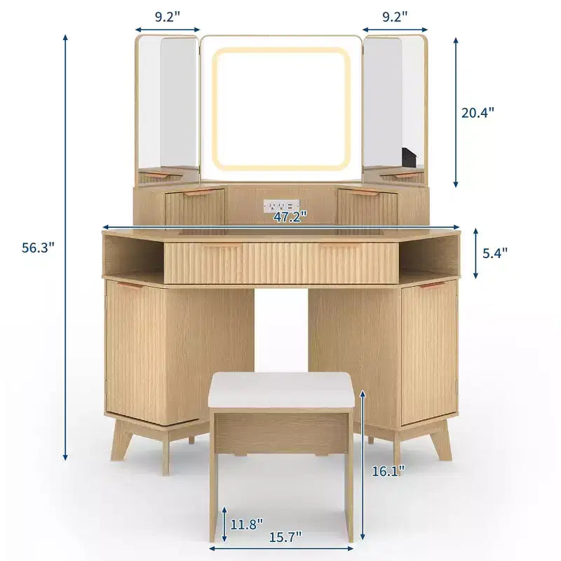Corner Vanity Makeup Desk Natural Wood, Corner Vanity Table with Glass Top, Corners Vanity Desk with Mirror and Chair, Fluted Makeup Vanity Desk