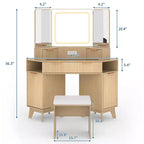 Corner Vanity Makeup Desk Natural Wood, Corner Vanity Table with Glass Top, Corners Vanity Desk with Mirror and Chair, Fluted Makeup Vanity Desk