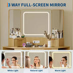 Corner Vanity Makeup Desk Natural Wood, Corner Vanity Table with Glass Top, Corners Vanity Desk with Mirror and Chair, Fluted Makeup Vanity Desk