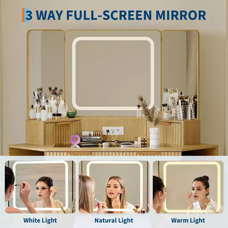 Corner Vanity Makeup Desk Natural Wood, Corner Vanity Table with Glass Top, Corners Vanity Desk with Mirror and Chair, Fluted Makeup Vanity Desk