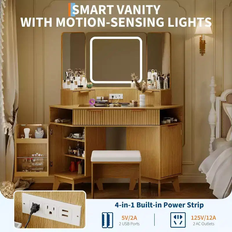Corner Vanity Makeup Desk Natural Wood, Corner Vanity Table with Glass Top, Corners Vanity Desk with Mirror and Chair, Fluted Makeup Vanity Desk