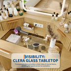 Corner Vanity Makeup Desk Natural Wood, Corner Vanity Table with Glass Top, Corners Vanity Desk with Mirror and Chair, Fluted Makeup Vanity Desk