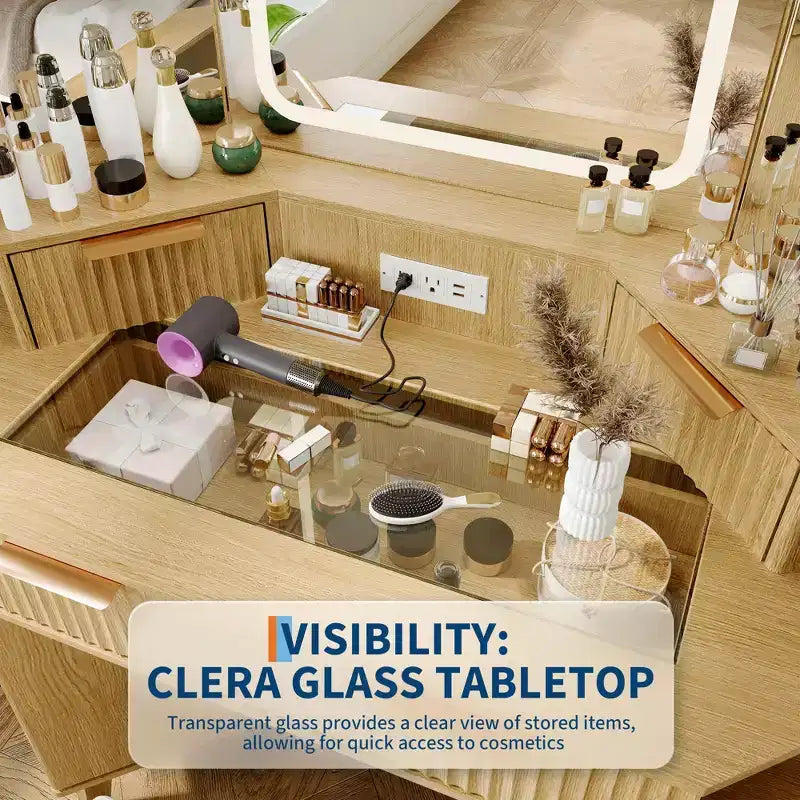 Corner Vanity Makeup Desk Natural Wood, Corner Vanity Table with Glass Top, Corners Vanity Desk with Mirror and Chair, Fluted Makeup Vanity Desk