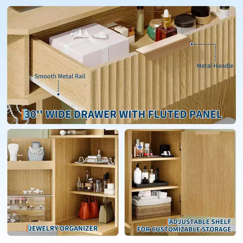 Corner Vanity Makeup Desk Natural Wood, Corner Vanity Table with Glass Top, Corners Vanity Desk with Mirror and Chair, Fluted Makeup Vanity Desk