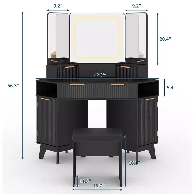 Corner Vanity Makeup Desk Natural Wood, Corner Vanity Table with Glass Top, Corners Vanity Desk with Mirror and Chair, Fluted Makeup Vanity Desk