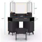 Corner Vanity Makeup Desk Natural Wood, Corner Vanity Table with Glass Top, Corners Vanity Desk with Mirror and Chair, Fluted Makeup Vanity Desk