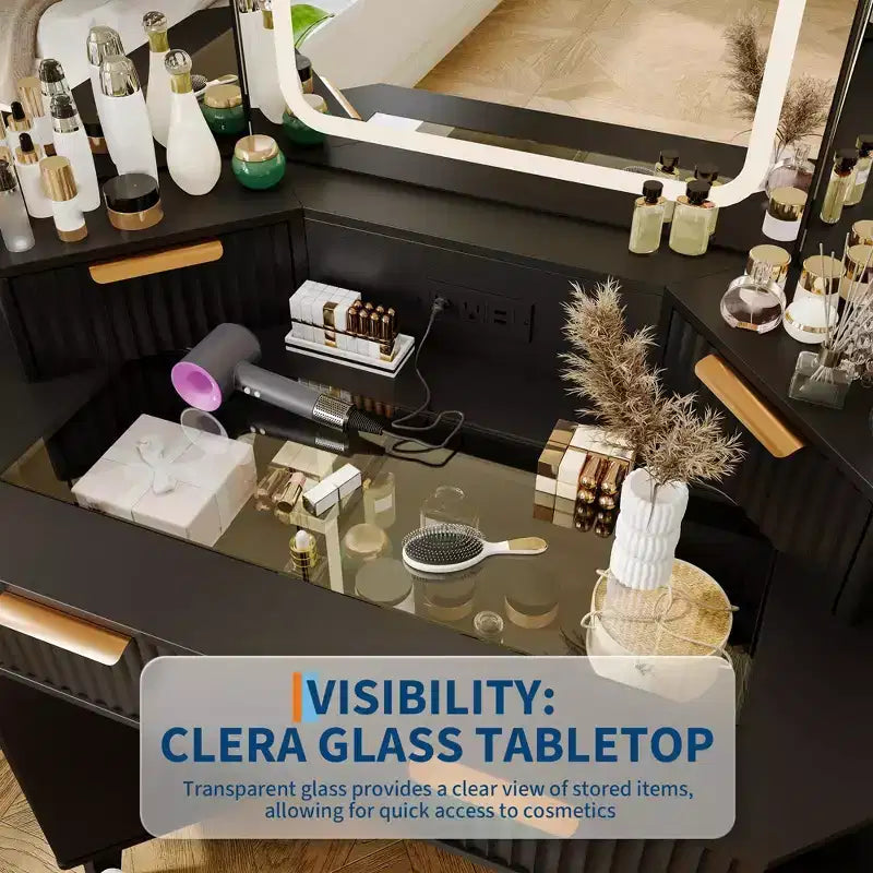 Corner Vanity Makeup Desk Natural Wood, Corner Vanity Table with Glass Top, Corners Vanity Desk with Mirror and Chair, Fluted Makeup Vanity Desk