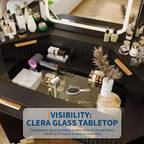 Corner Vanity Makeup Desk Natural Wood, Corner Vanity Table with Glass Top, Corners Vanity Desk with Mirror and Chair, Fluted Makeup Vanity Desk
