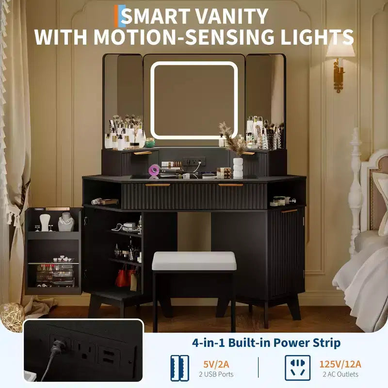 Corner Vanity Makeup Desk Natural Wood, Corner Vanity Table with Glass Top, Corners Vanity Desk with Mirror and Chair, Fluted Makeup Vanity Desk