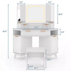 Corner Vanity Makeup Desk Natural Wood, Corner Vanity Table with Glass Top, Corners Vanity Desk with Mirror and Chair, Fluted Makeup Vanity Desk