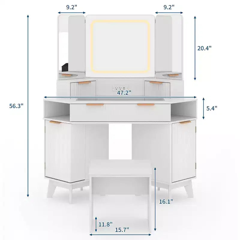 Corner Vanity Makeup Desk Natural Wood, Corner Vanity Table with Glass Top, Corners Vanity Desk with Mirror and Chair, Fluted Makeup Vanity Desk