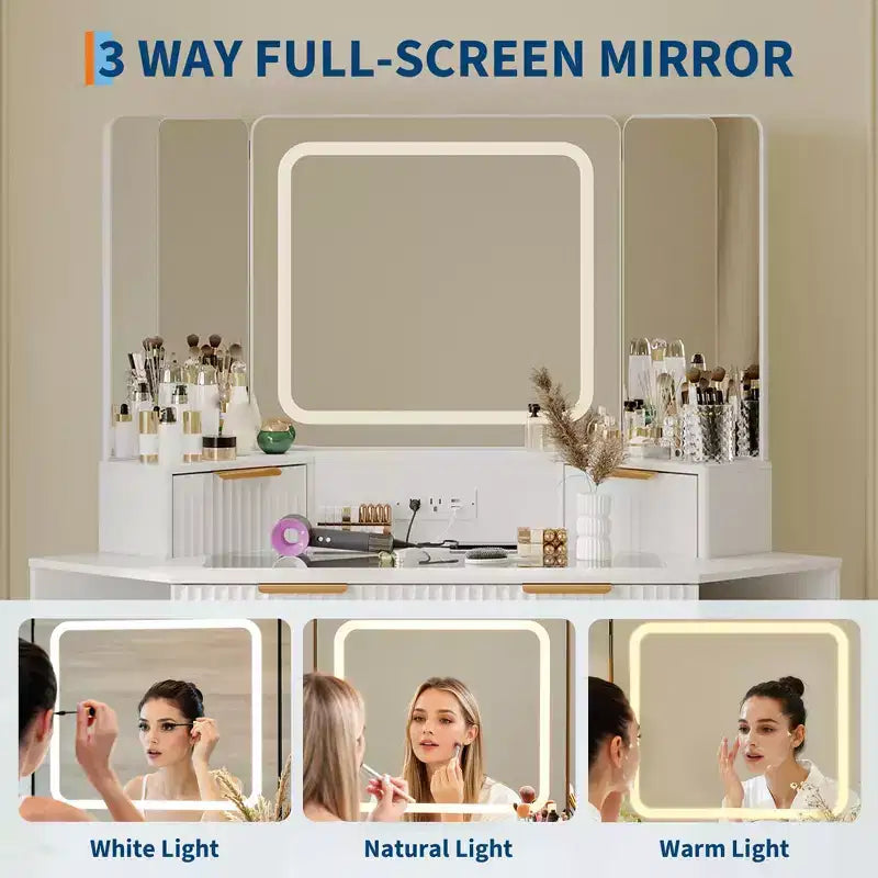 Corner Vanity Makeup Desk Natural Wood, Corner Vanity Table with Glass Top, Corners Vanity Desk with Mirror and Chair, Fluted Makeup Vanity Desk