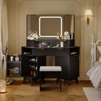 Corner Vanity Makeup Desk Natural Wood, Corner Vanity Table with Glass Top, Corners Vanity Desk with Mirror and Chair, Fluted Makeup Vanity Desk
