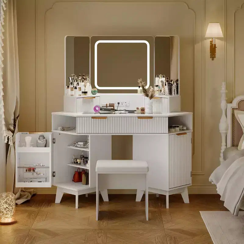 Corner Vanity Makeup Desk Natural Wood, Corner Vanity Table with Glass Top, Corners Vanity Desk with Mirror and Chair, Fluted Makeup Vanity Desk