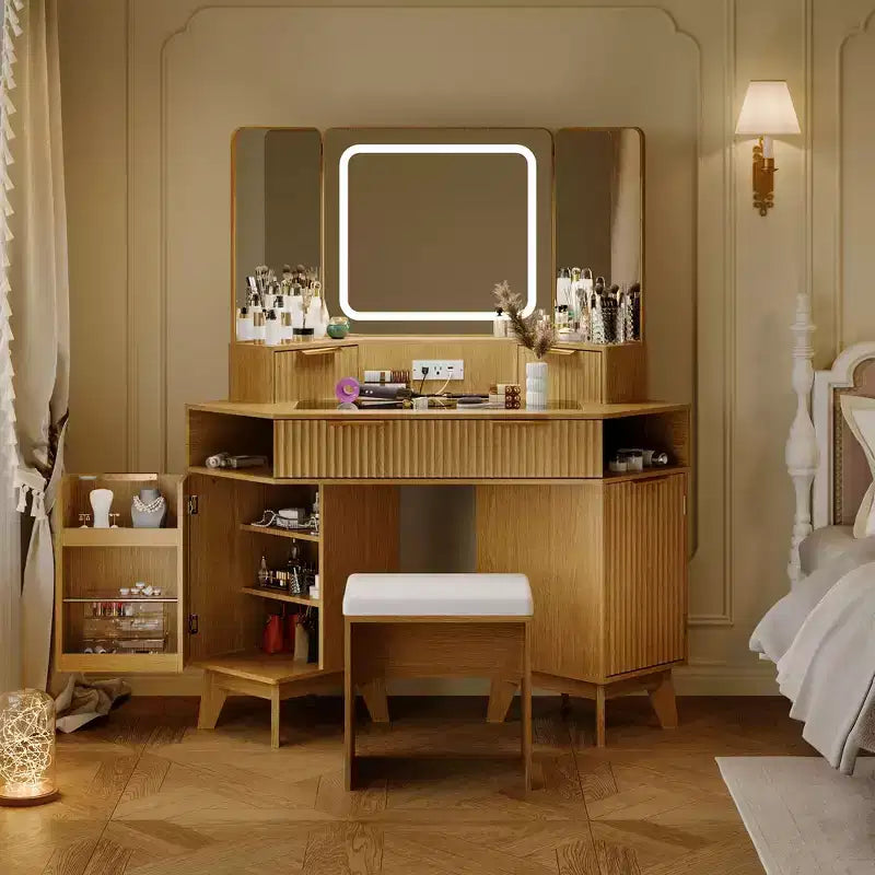 Corner Vanity Makeup Desk Natural Wood, Corner Vanity Table with Glass Top, Corners Vanity Desk with Mirror and Chair, Fluted Makeup Vanity Desk