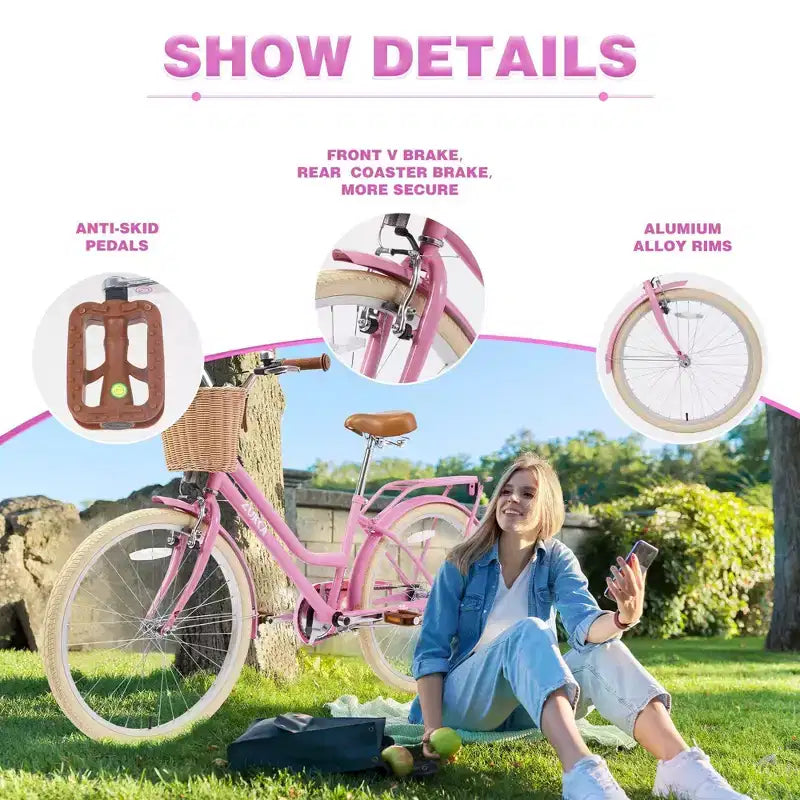NAYSAYE Bicicletta Cruiser da 24 pollici per ragazze, bici ibrida da città con velocità, per ragazzi di 7-10+ anni, con cestino in vimini e portapacchi posteriore, bicicletta da bambino