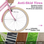 NAYSAYE Bicicletta Cruiser da 24 pollici per ragazze, bici ibrida da città con velocità, per ragazzi di 7-10+ anni, con cestino in vimini e portapacchi posteriore, bicicletta da bambino