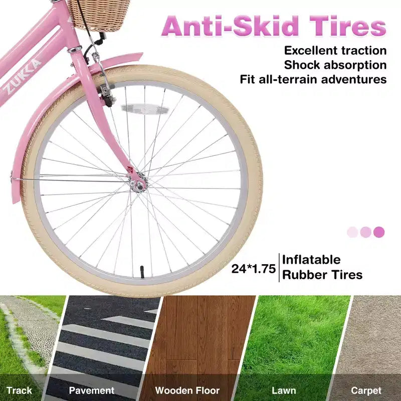 NAYSAYE Bicicletta Cruiser da 24 pollici per ragazze, bici ibrida da città con velocità, per ragazzi di 7-10+ anni, con cestino in vimini e portapacchi posteriore, bicicletta da bambino