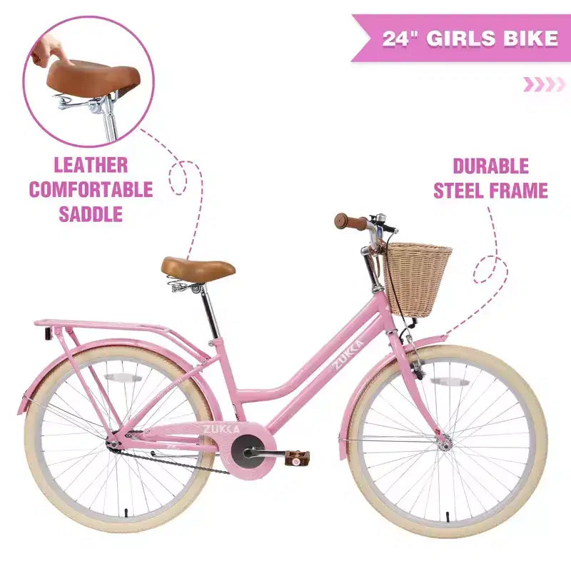 NAYSAYE Bicicletta Cruiser da 24 pollici per ragazze, bici ibrida da città con velocità, per ragazzi di 7-10+ anni, con cestino in vimini e portapacchi posteriore, bicicletta da bambino