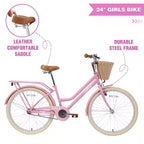 NAYSAYE Bicicletta Cruiser da 24 pollici per ragazze, bici ibrida da città con velocità, per ragazzi di 7-10+ anni, con cestino in vimini e portapacchi posteriore, bicicletta da bambino