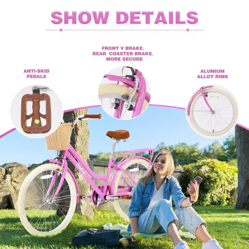 NAYSAYE Bicicletta Cruiser da 24 pollici per ragazze, bici ibrida da città con velocità, per ragazzi di 7-10+ anni, con cestino in vimini e portapacchi posteriore, bicicletta da bambino