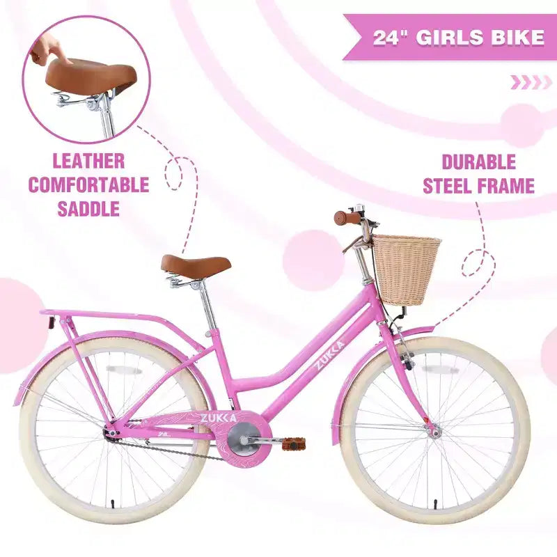NAYSAYE Bicicletta Cruiser da 24 pollici per ragazze, bici ibrida da città con velocità, per ragazzi di 7-10+ anni, con cestino in vimini e portapacchi posteriore, bicicletta da bambino