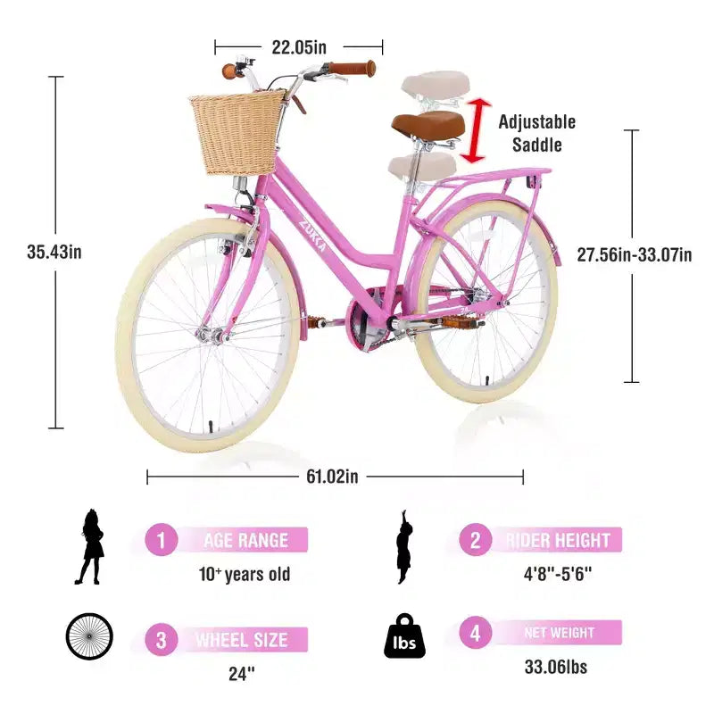NAYSAYE Bicicletta Cruiser da 24 pollici per ragazze, bici ibrida da città con velocità, per ragazzi di 7-10+ anni, con cestino in vimini e portapacchi posteriore, bicicletta da bambino