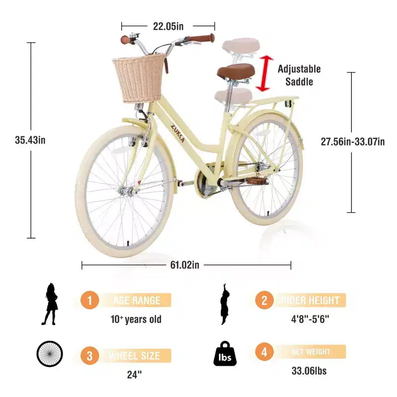 NAYSAYE Bicicletta Cruiser da 24 pollici per ragazze, bici ibrida da città con velocità, per ragazzi di 7-10+ anni, con cestino in vimini e portapacchi posteriore, bicicletta da bambino